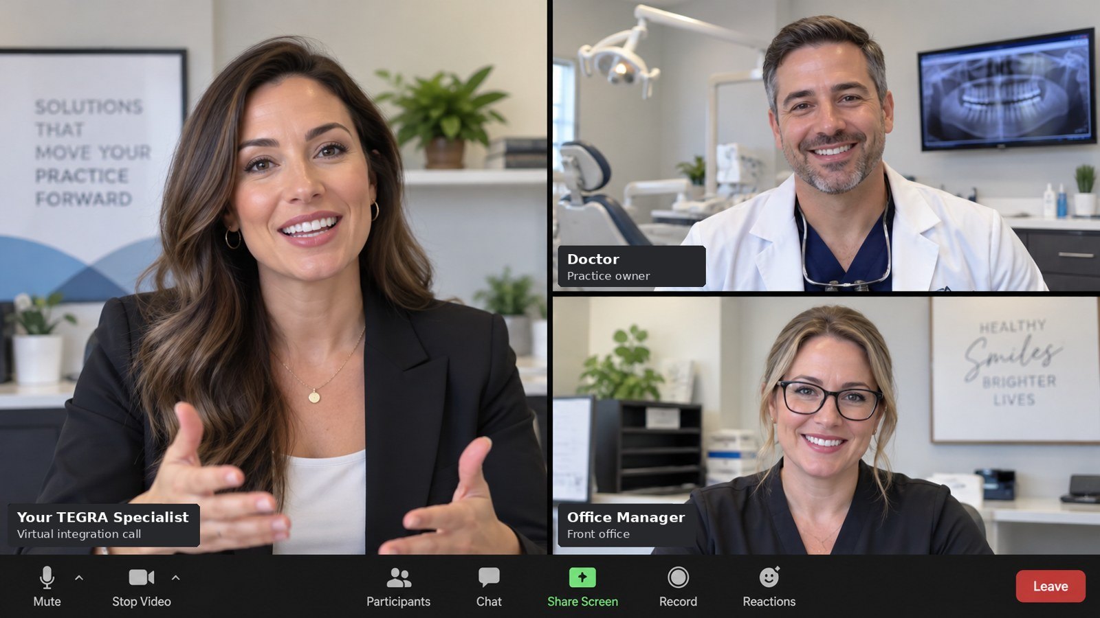 TEGRA specialist on a video call with a dentist and an office manager