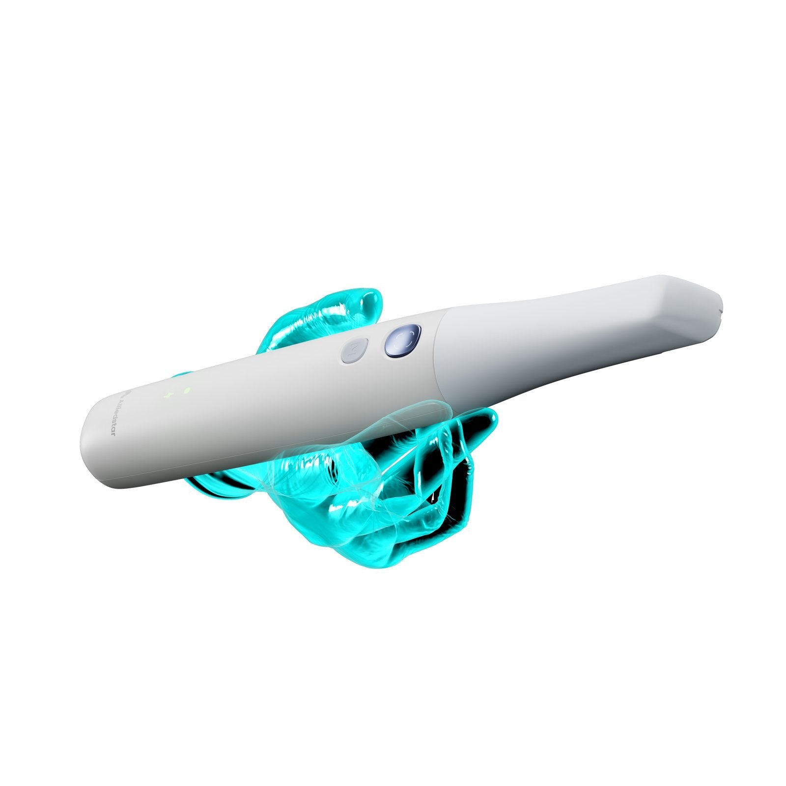 Alliedstar SENSA intraoral scanner over a 3D scan of a patient's teeth